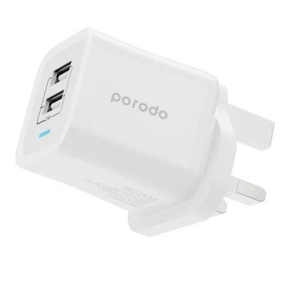 Porodo Dual Port Wall Charger with 1.2m Lightning Cable - White